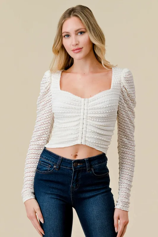 TEXTURED LACE FRENCHY SWEETHEART RUCHED CROP TOP sold by privy
