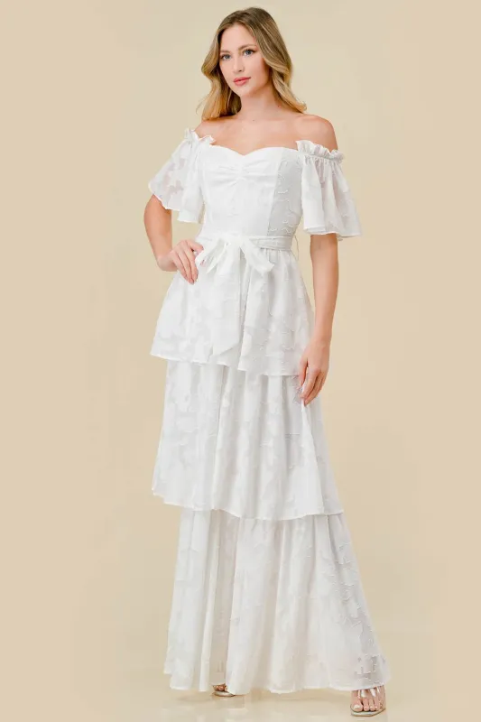TEXTURE FLORAL OFF SHOULDER TIRED MAXI DRESS sold by privy