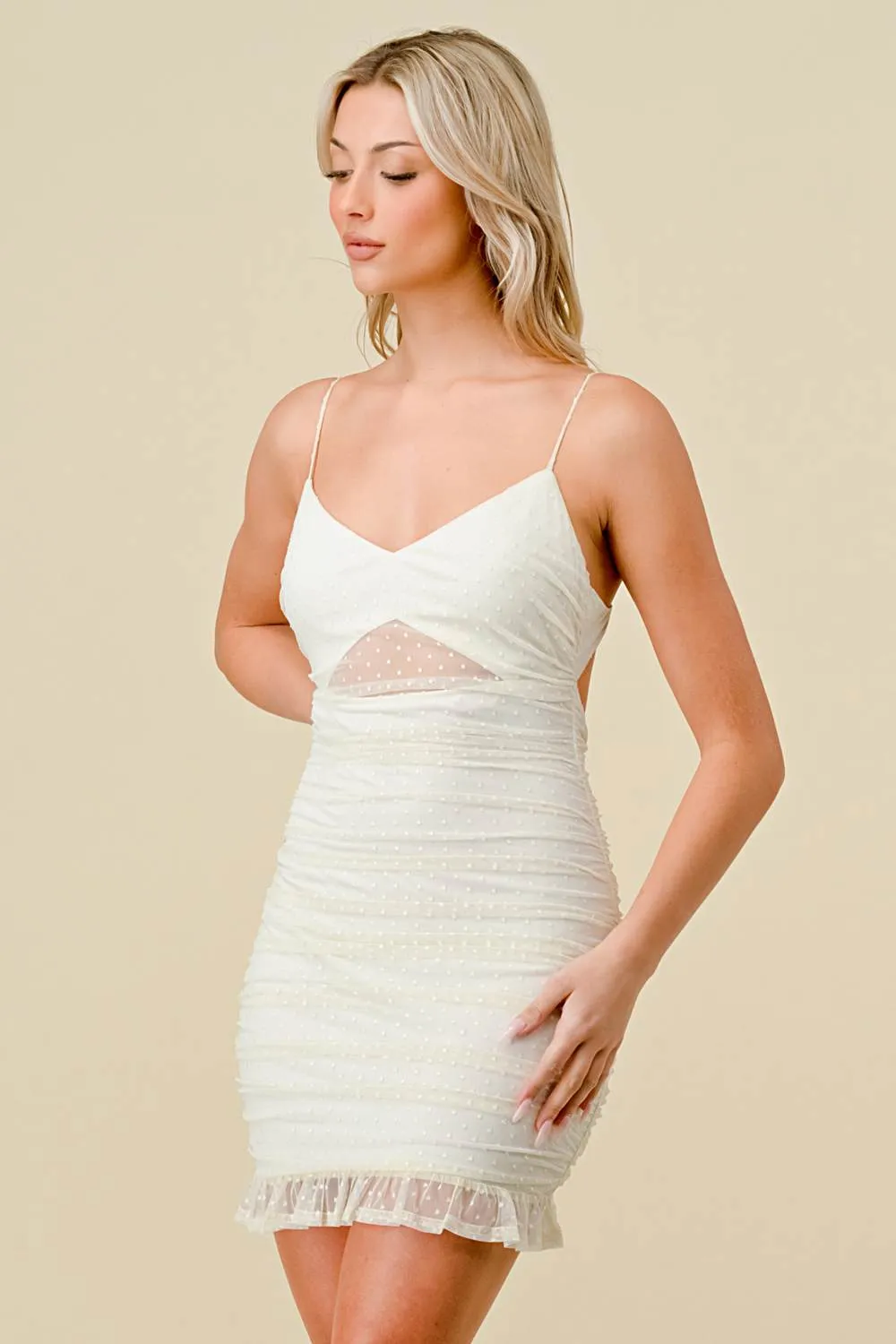 POLKA DOT MESH RUFFLED OPEN BACK RUCHED MINI DRESS sold by privy product image thumbnail 3