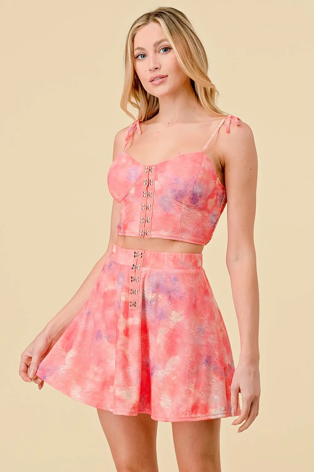 TIE DYE BUSTIER TOP AND HOOK MINI SKIRT SETS sold by privy