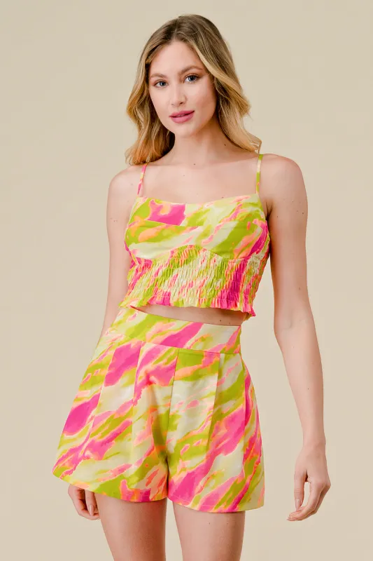 TIE DYE PRINT SMOCKED CAMI TOP AND SHORTS SET sold by privy