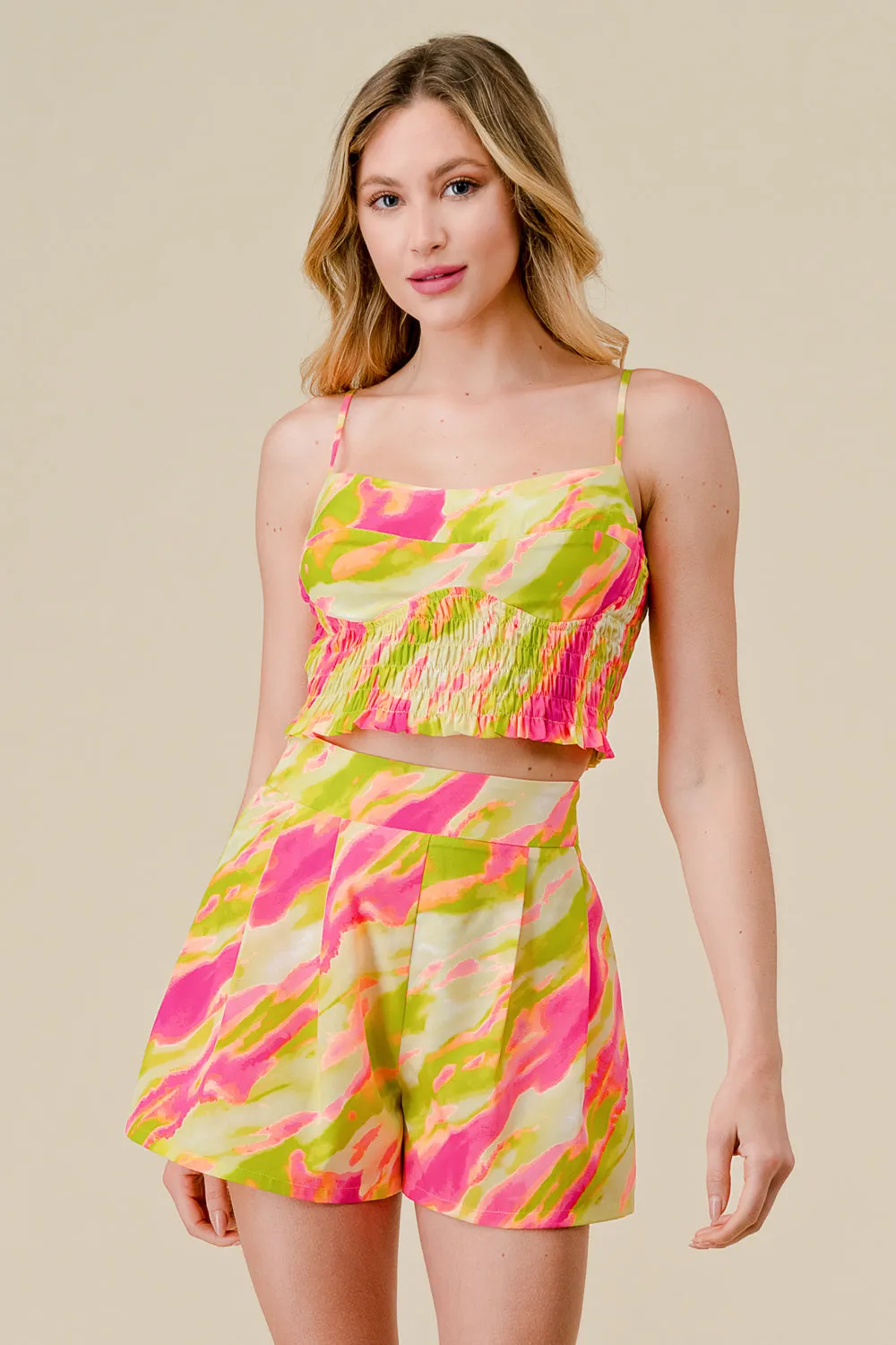 TIE DYE PRINT SMOCKED CAMI TOP AND SHORTS SET sold by privy