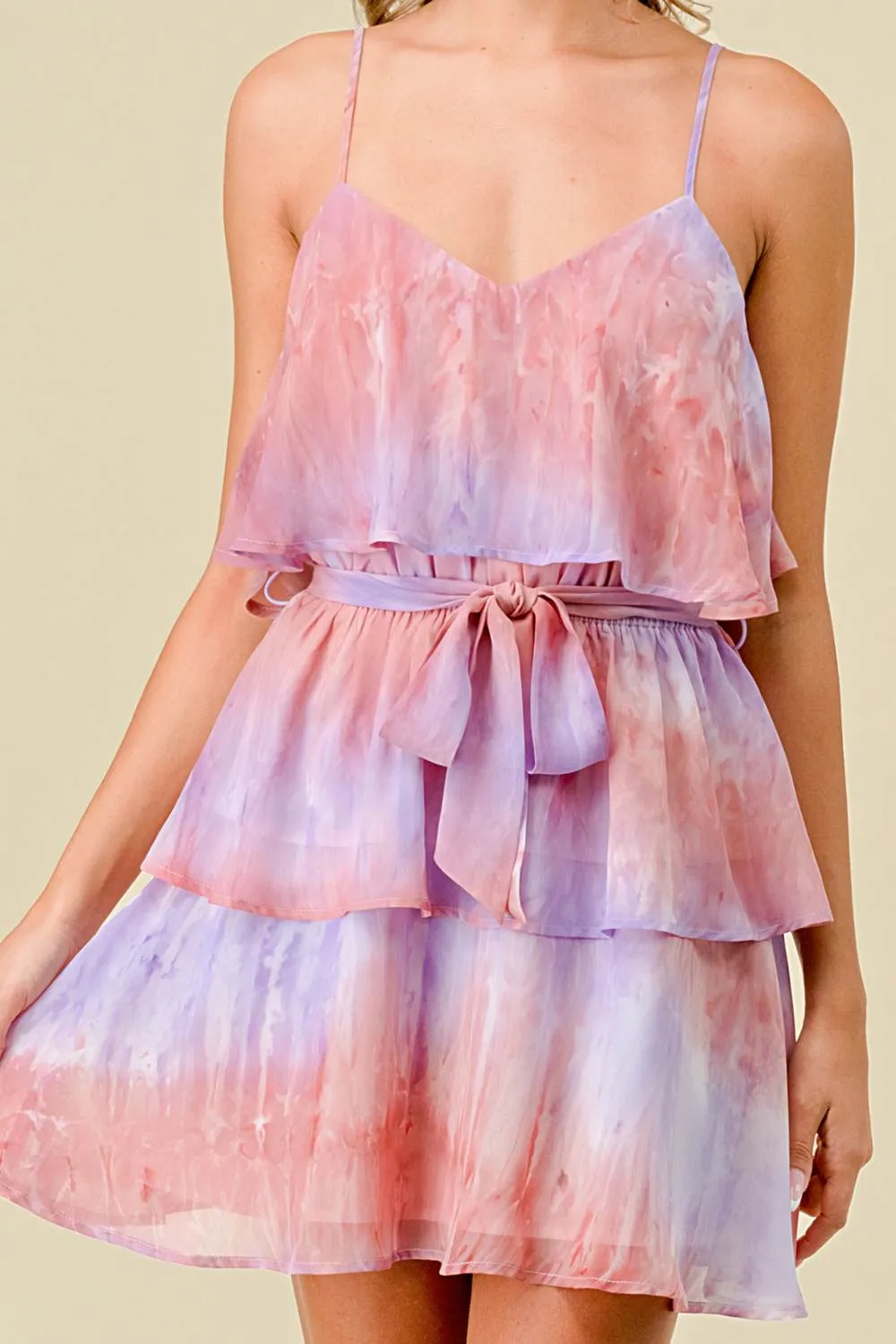 TIE DYE CHIFFON WIAST TIE TIERED RUFFLE MINI DRESS sold by privy product image thumbnail 4