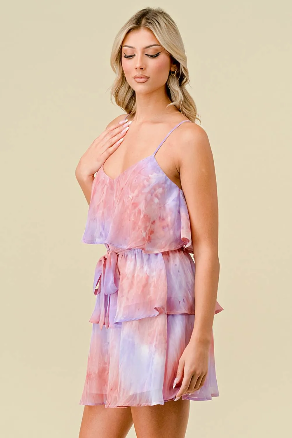 TIE DYE CHIFFON WIAST TIE TIERED RUFFLE MINI DRESS sold by privy product image thumbnail 2