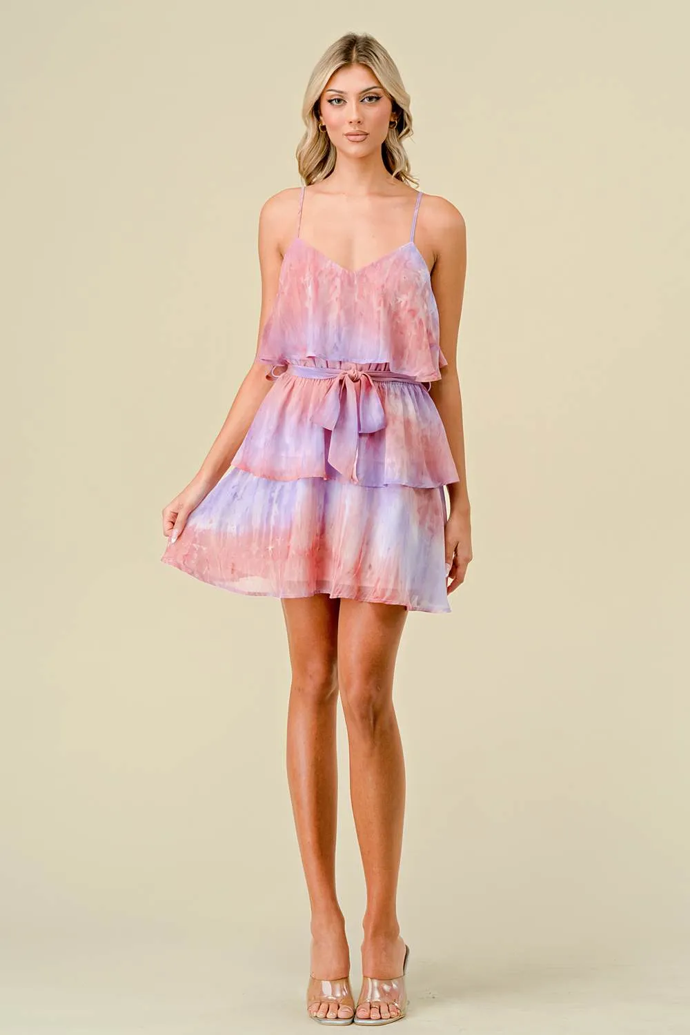 TIE DYE CHIFFON WIAST TIE TIERED RUFFLE MINI DRESS sold by privy product image thumbnail 5