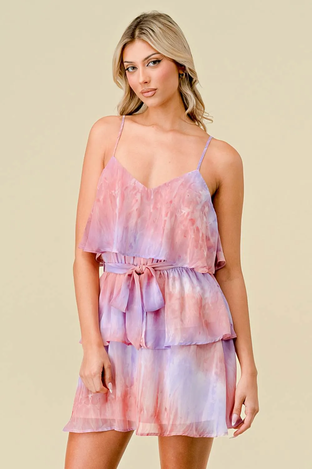 TIE DYE CHIFFON WIAST TIE TIERED RUFFLE MINI DRESS sold by privy