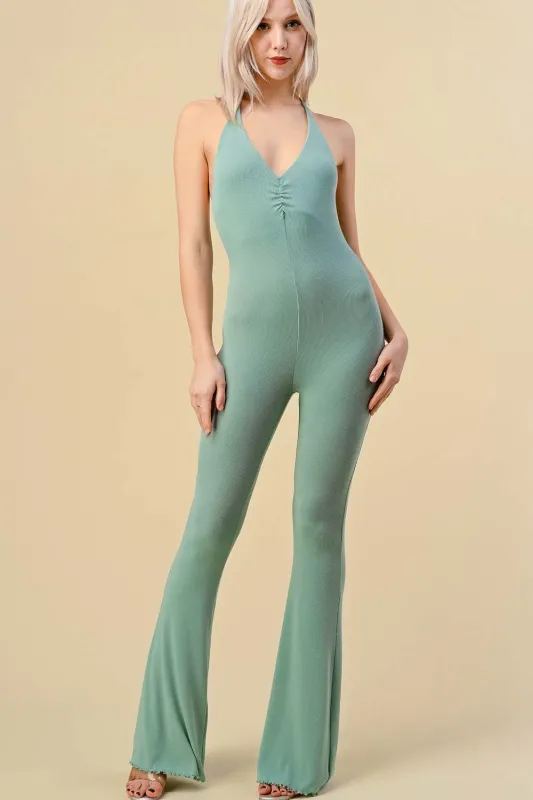 CHIC HALTER NECK TIE RUCHED JUMPSUIT sold by privy