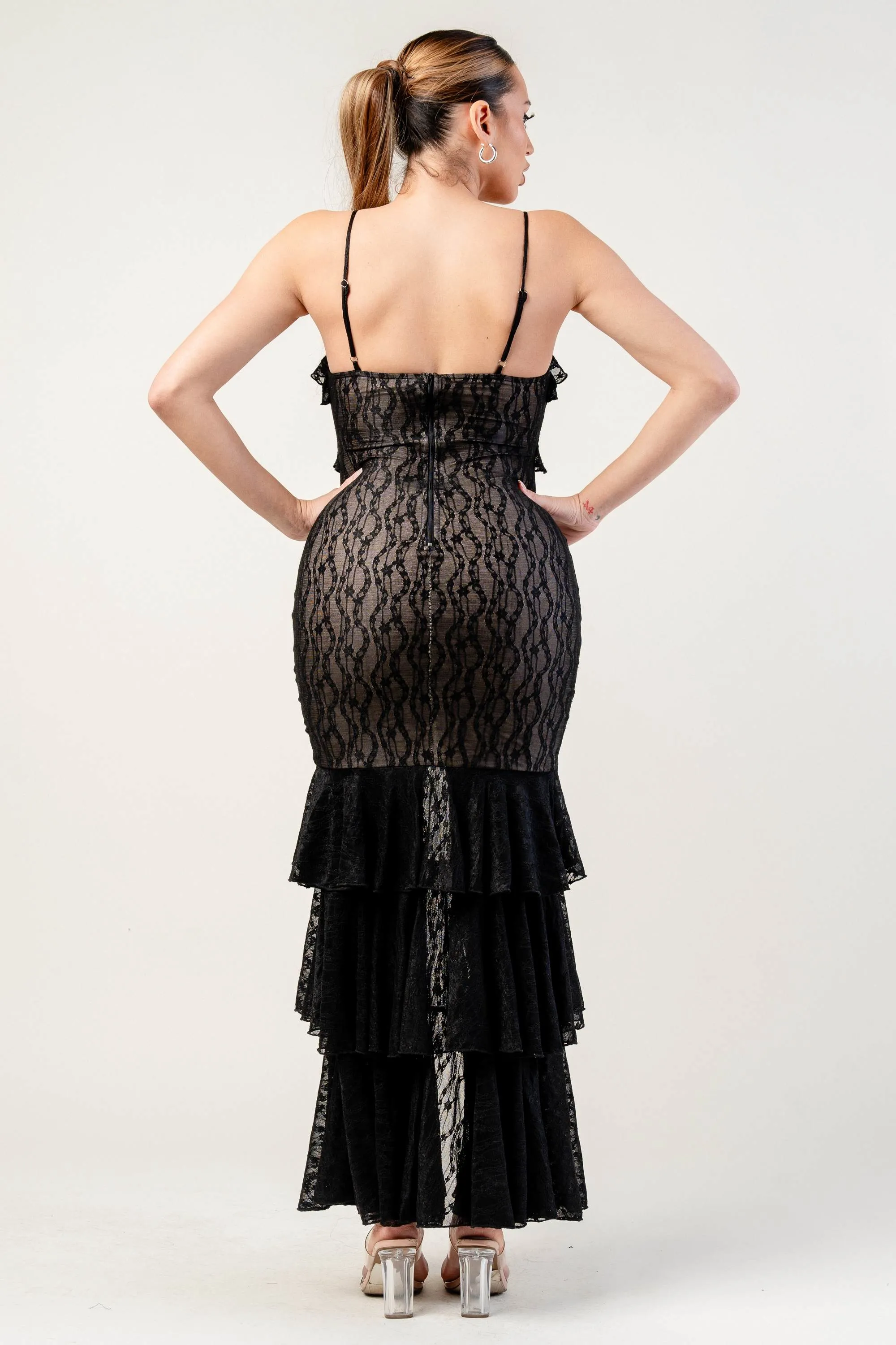 PDKS78662B-W / PATTERN LACE MESH PRINT RUFFLE CAMI MAXI DRESS sold by privy product image thumbnail 3