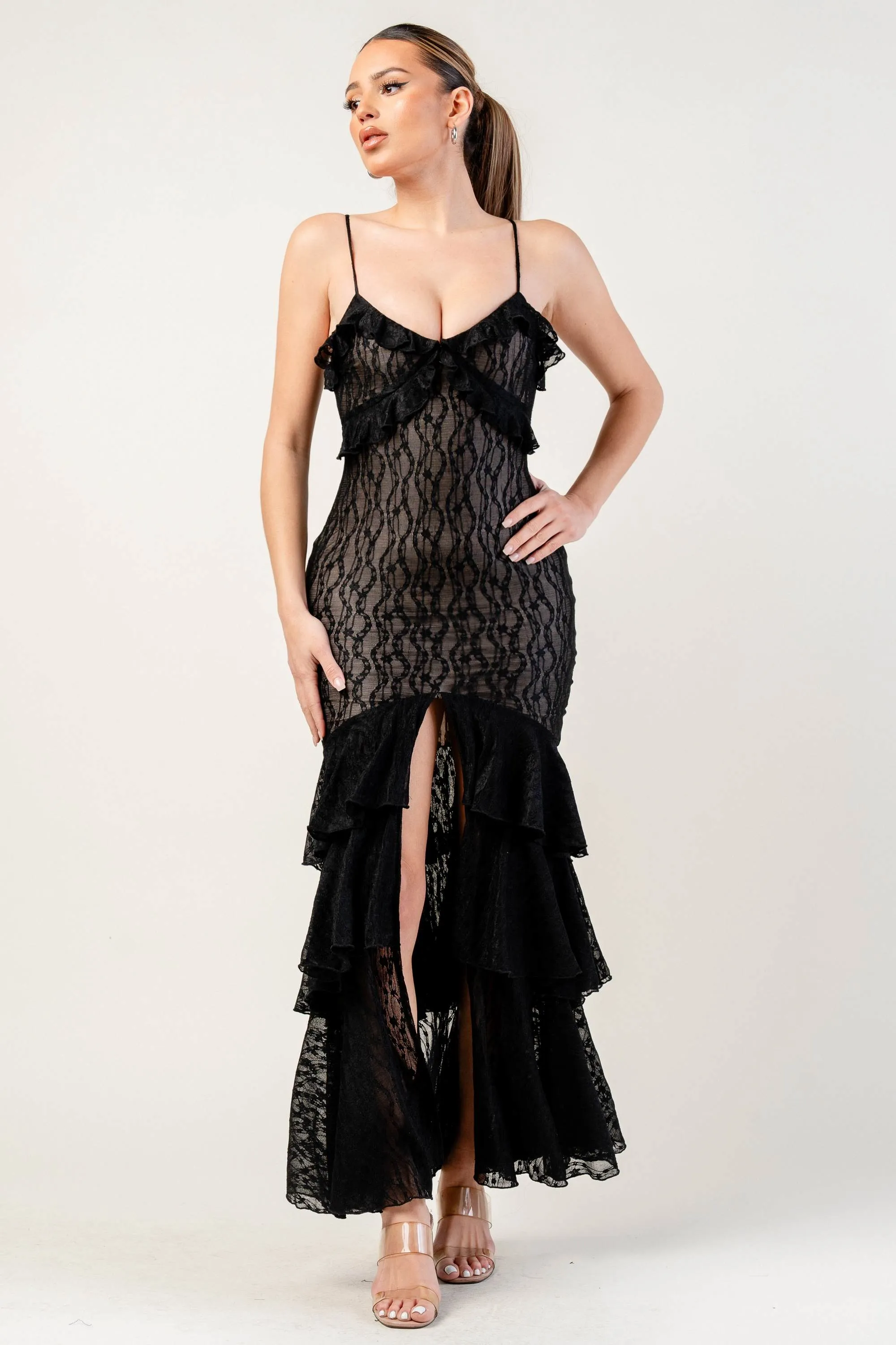 PDKS78662B-W / PATTERN LACE MESH PRINT RUFFLE CAMI MAXI DRESS sold by privy product image thumbnail 4