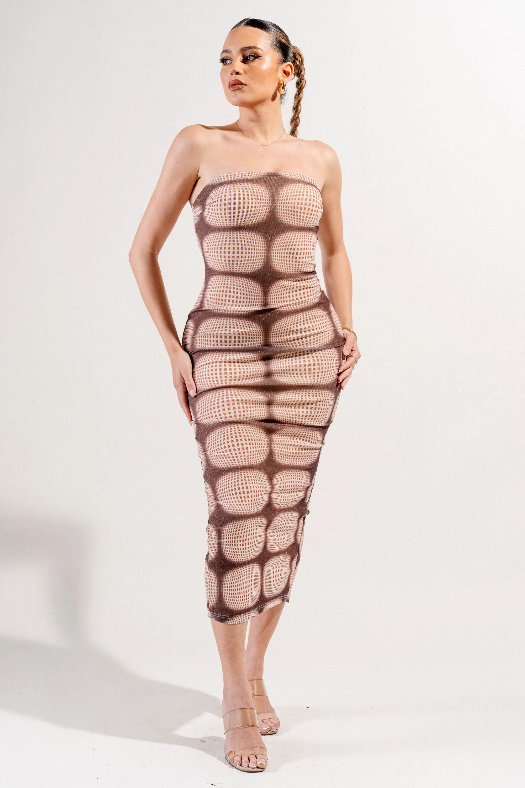 MESH PRINT TUBE DRESS sold by privy