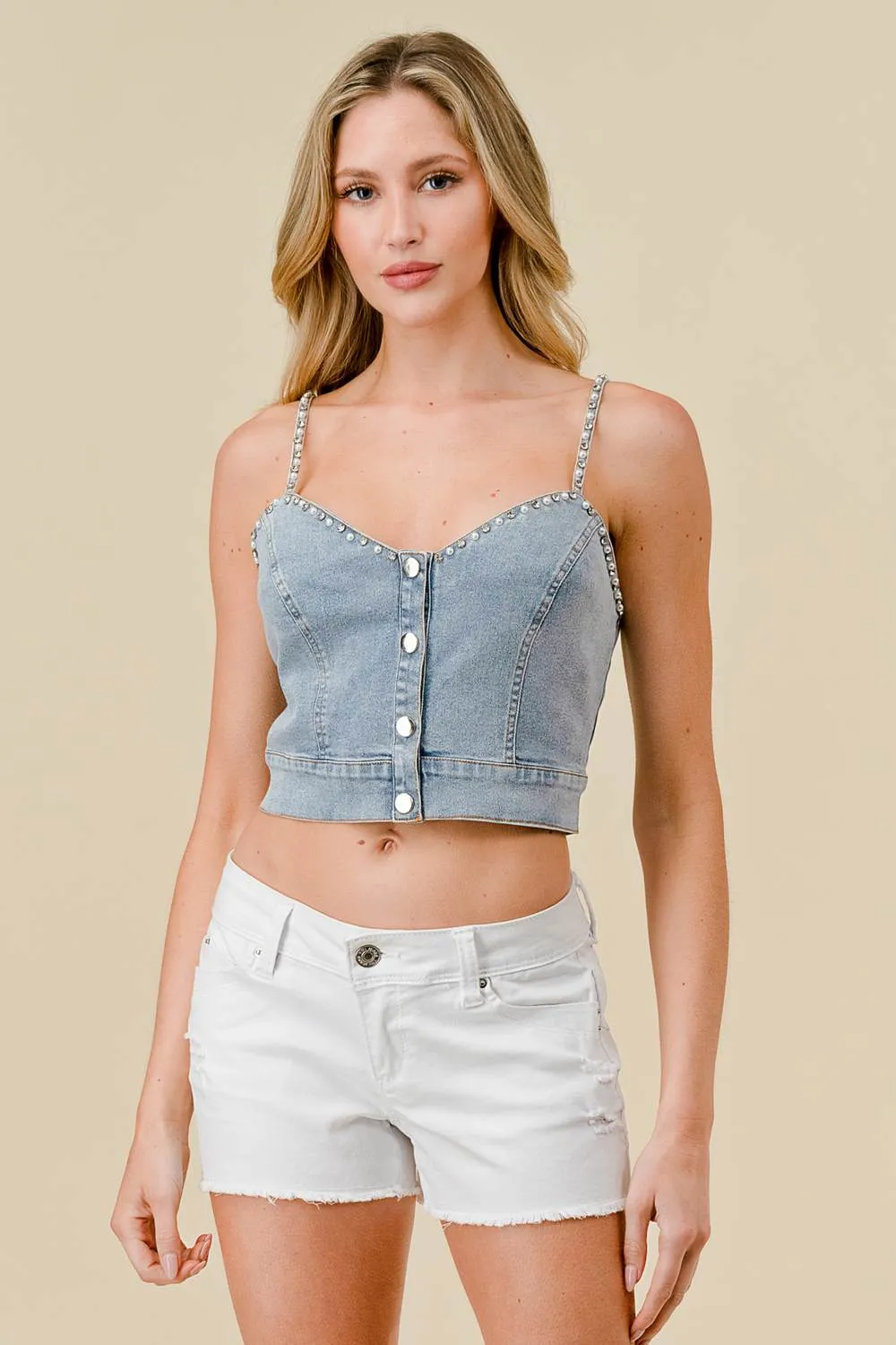 STRETCH DENIM RHINESTONES PEARL TRIM TANK TOP sold by privy