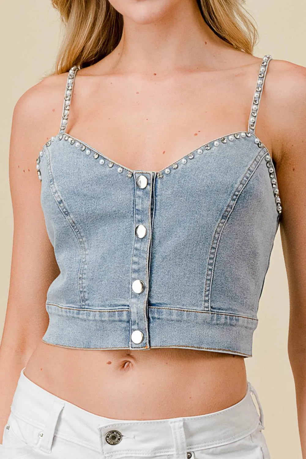 STRETCH DENIM RHINESTONES PEARL TRIM TANK TOP sold by privy product image thumbnail 5