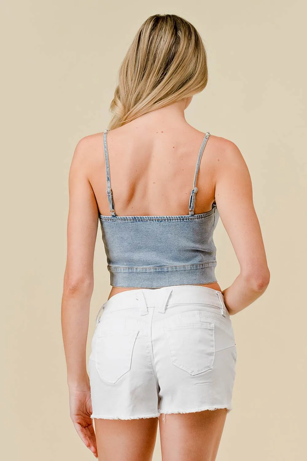STRETCH DENIM RHINESTONES PEARL TRIM TANK TOP sold by privy product image thumbnail 3