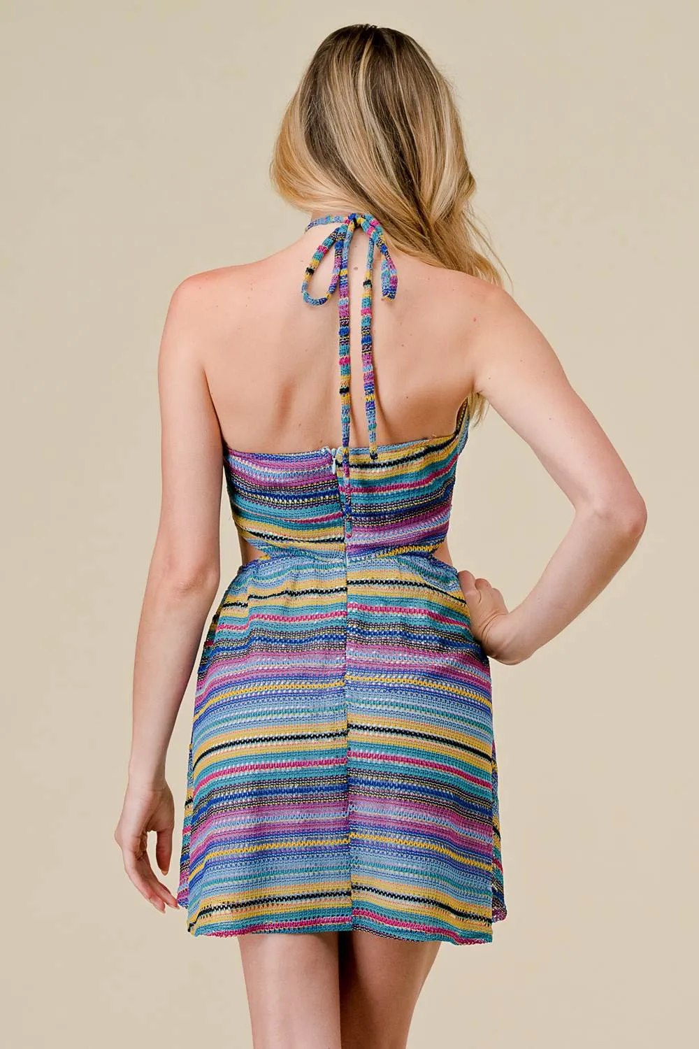 CROCHET STRIPS HALTER CUTOUTS FLARE MINI DRESS sold by privy product image thumbnail 4