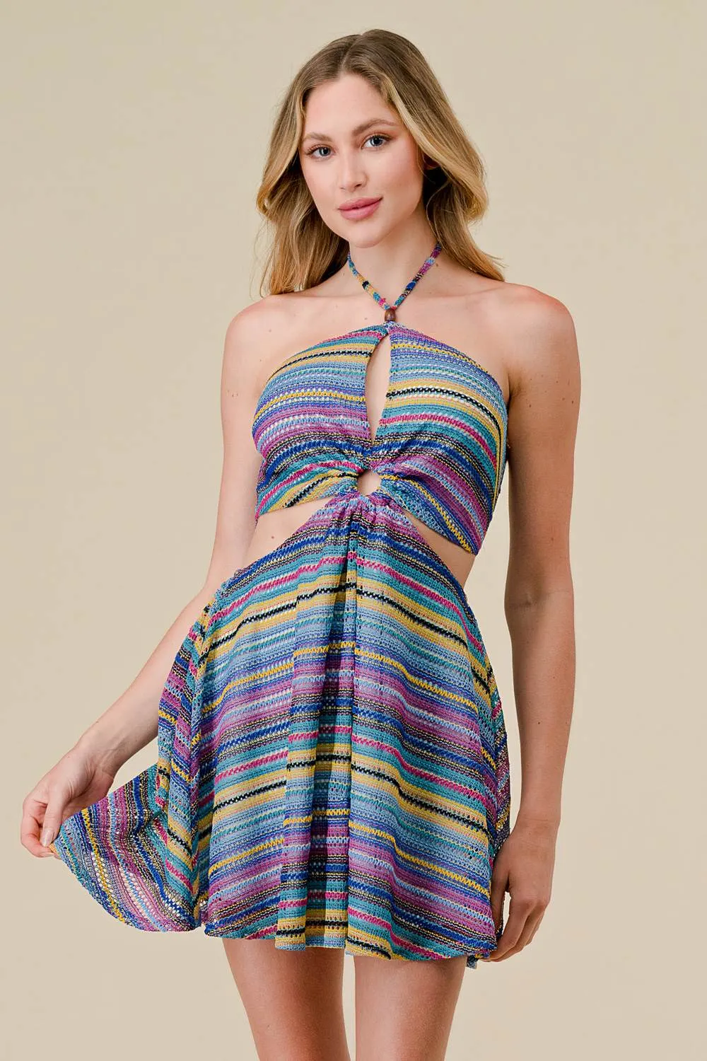 CROCHET STRIPS HALTER CUTOUTS FLARE MINI DRESS sold by privy product image thumbnail 2