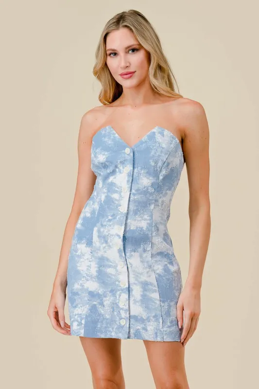 TEXTURED WASHED DENIM BUTTON DOWN TUBE MINI DRESS sold by privy