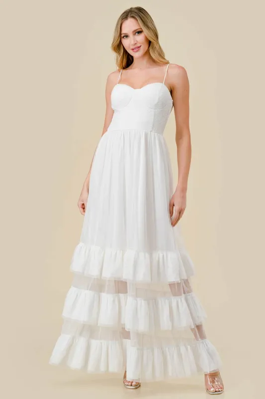 LACE BUSTIER TOP SEE-THRU DETAIL TULLE MAXI DRESS made by privy
