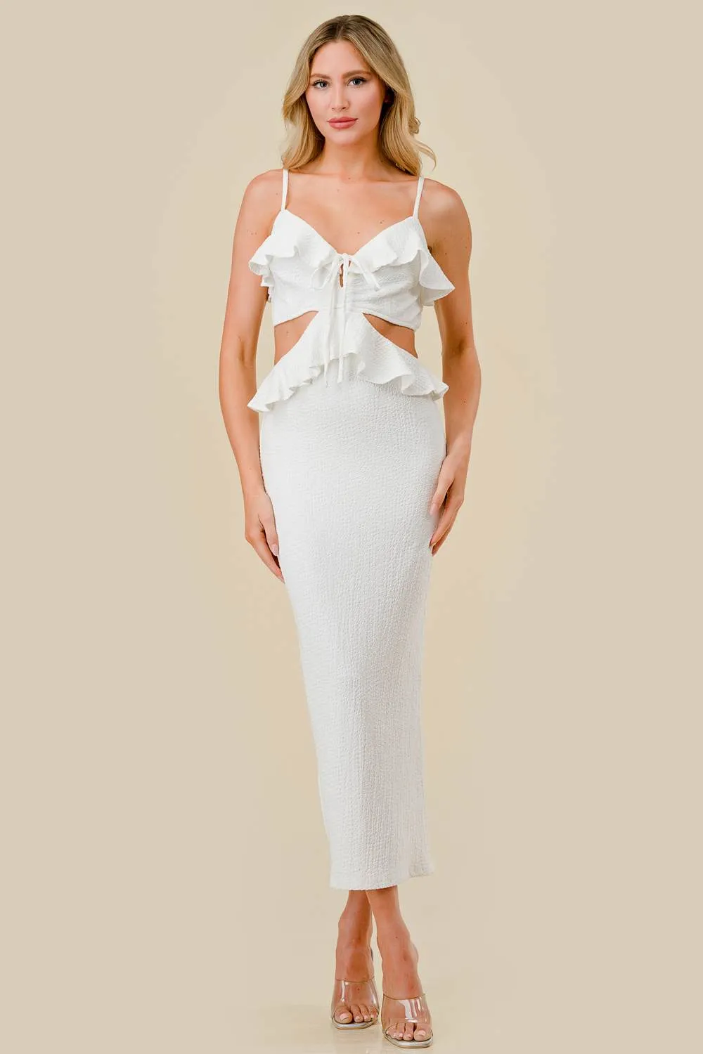 TEXTURED KNIT RUFFLED SIDE CUTOUTS MAXI DRESS sold by privy