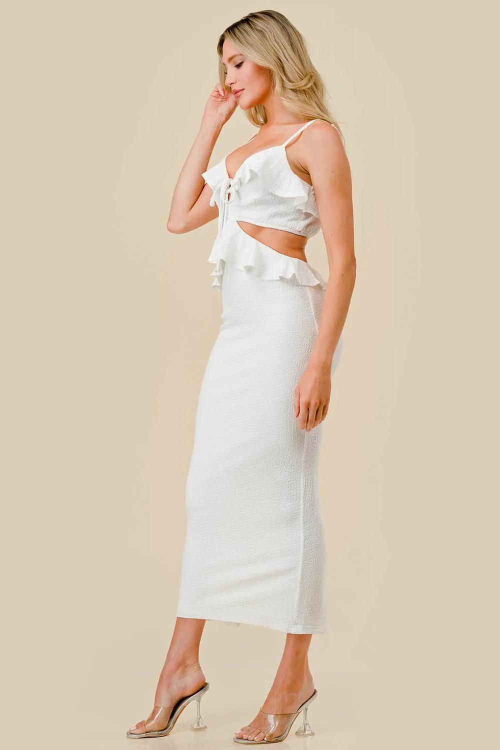 TEXTURED KNIT RUFFLED SIDE CUTOUTS MAXI DRESS sold by privy product image thumbnail 2