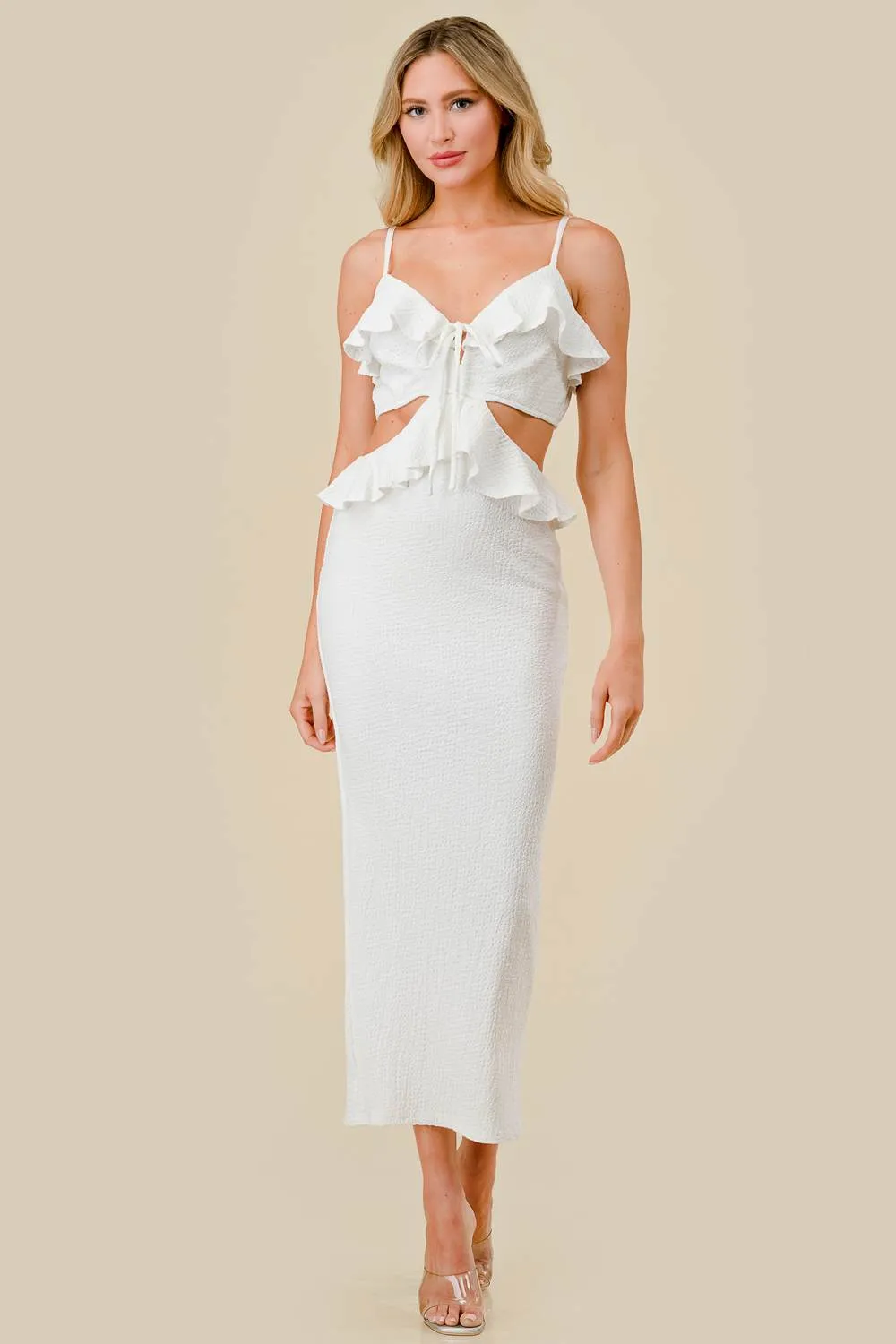 TEXTURED KNIT RUFFLED SIDE CUTOUTS MAXI DRESS sold by privy product image thumbnail 4