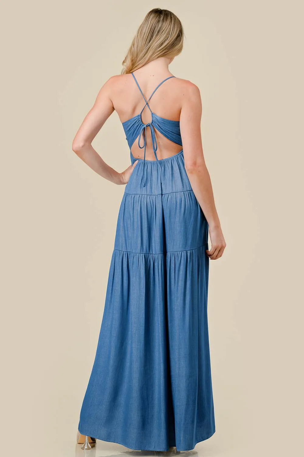 DENIM RELAX FIT DRAWSTRING LACE BACK MAXI DRESS sold by privy product image thumbnail 3