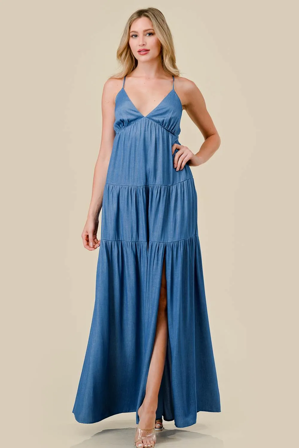 DENIM RELAX FIT DRAWSTRING LACE BACK MAXI DRESS sold by privy product image thumbnail 4