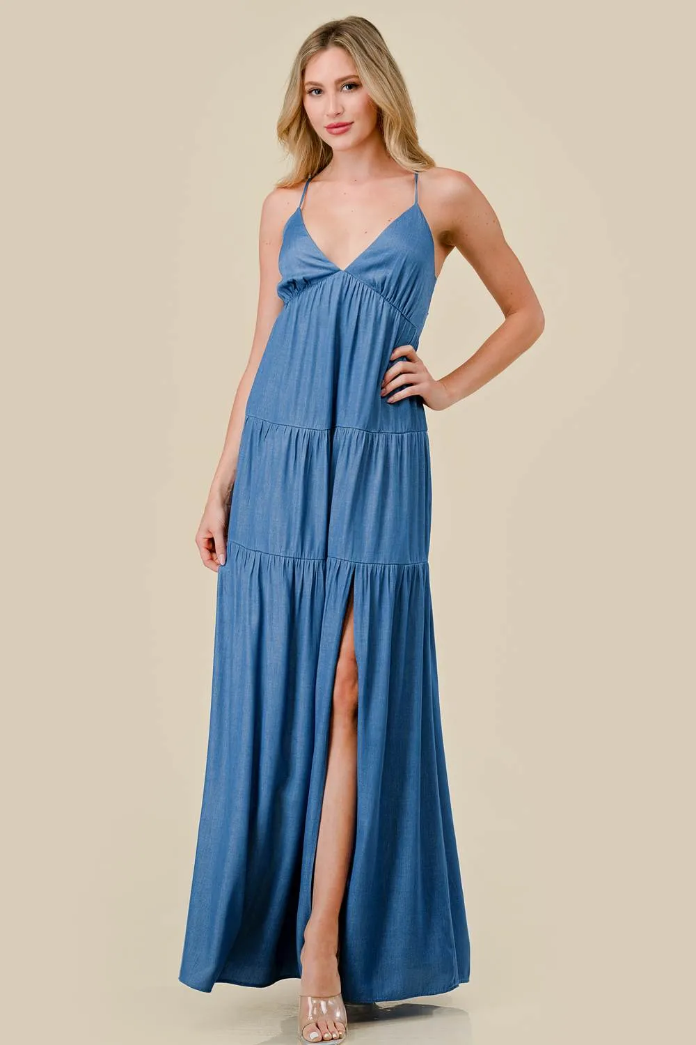 DENIM RELAX FIT DRAWSTRING LACE BACK MAXI DRESS sold by privy