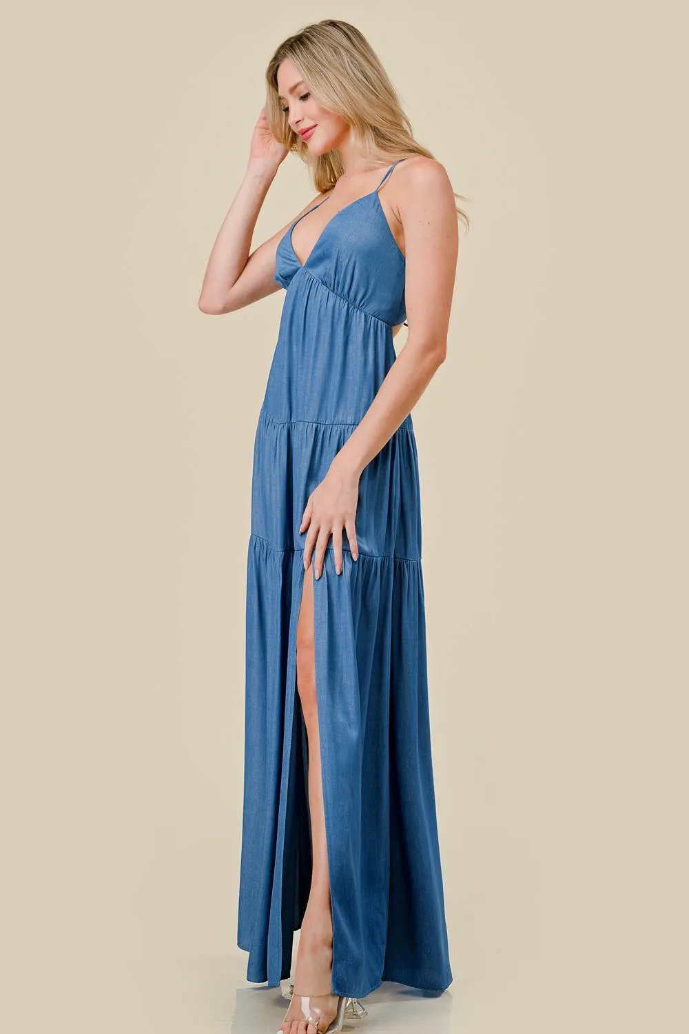 DENIM RELAX FIT DRAWSTRING LACE BACK MAXI DRESS sold by privy product image thumbnail 2