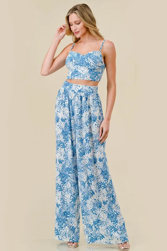 FRESH LEAFS PRINT SMOCKED CROPPED TOP & PANTS SET made by privy