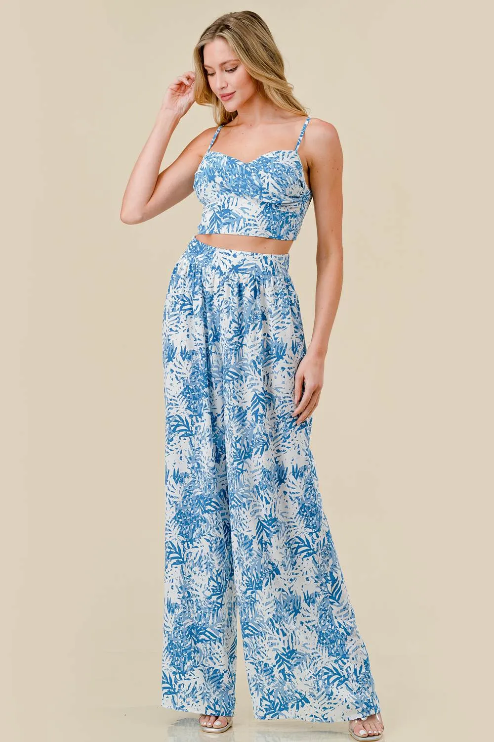 FRESH LEAFS PRINT SMOCKED CROPPED TOP & PANTS SET sold by privy