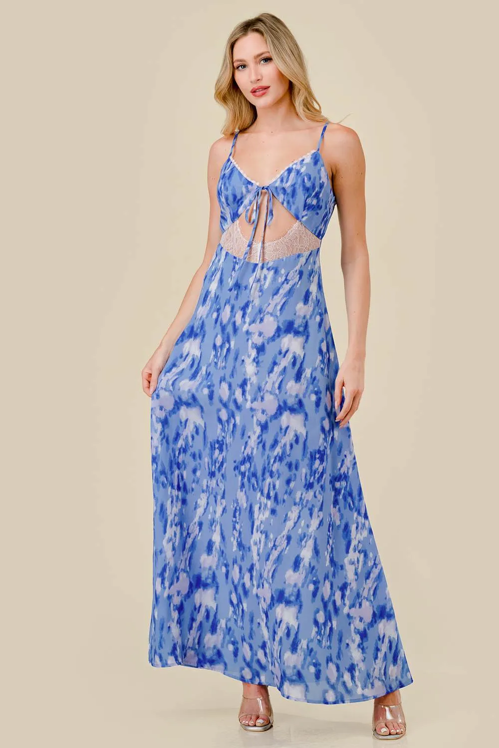 LACE TRIM CONTRAST SATIN PRINT RELAX MAXI DRESS sold by privy