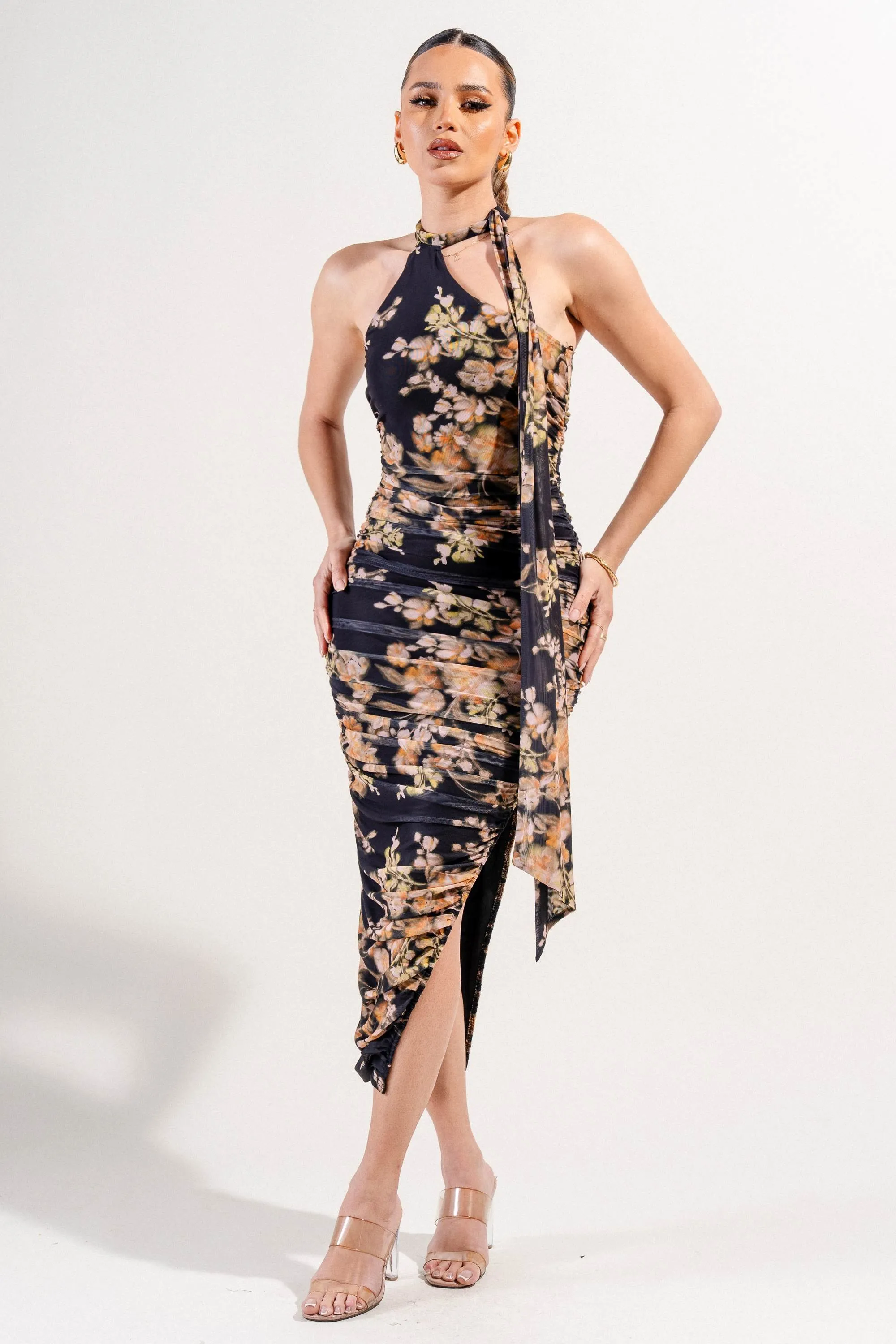 MESH PRNT MIDI DRESS sold by privy