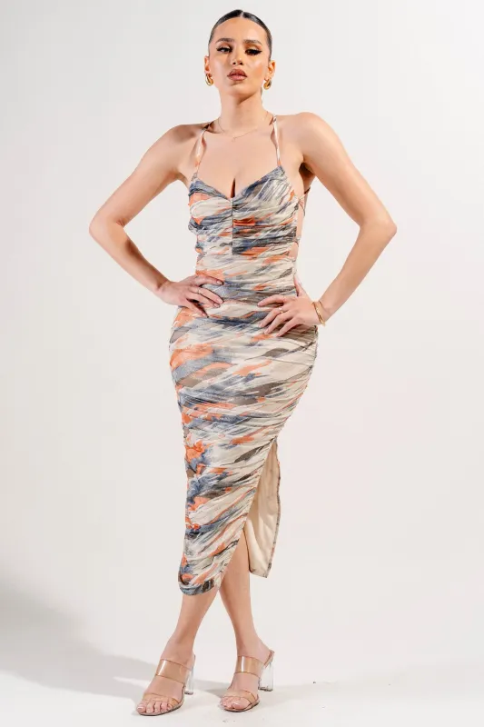 GOLD FOIL MESH PRINT MIDI DRESS sold by privy