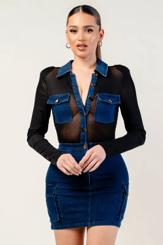 WASHED STRETCH DENIM LONG SLEEVE MINI DRESS sold by privy