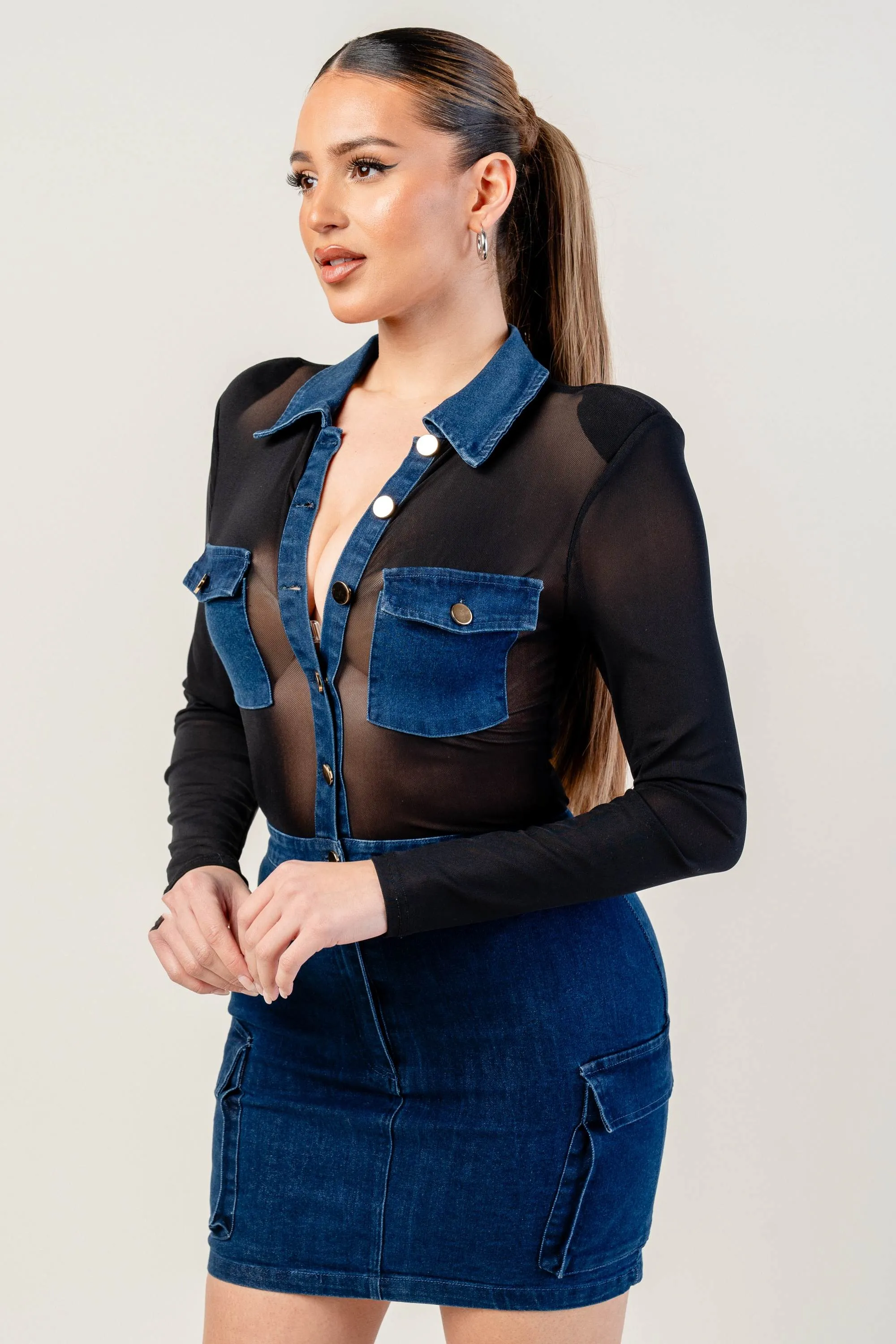 WASHED STRETCH DENIM LONG SLEEVE MINI DRESS sold by privy product image thumbnail 2