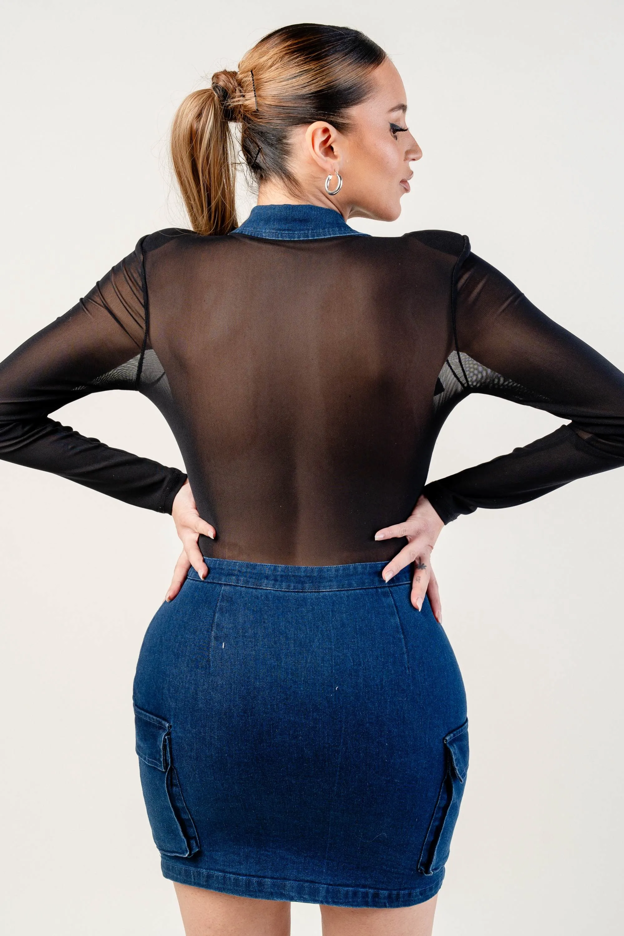 WASHED STRETCH DENIM LONG SLEEVE MINI DRESS sold by privy product image thumbnail 3