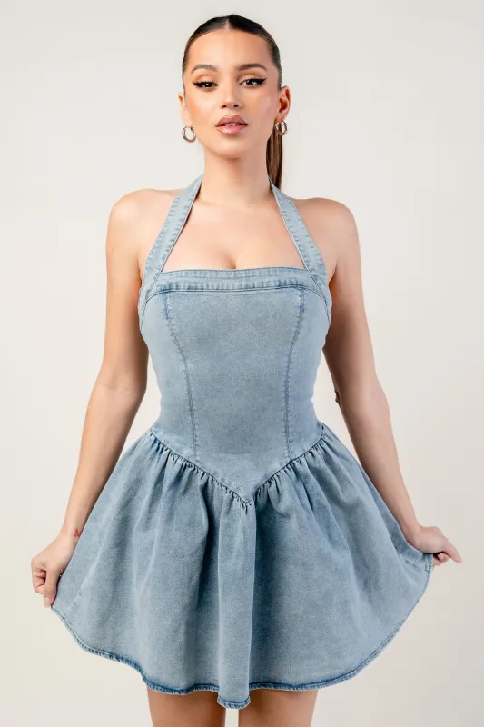 WASHED STRETCH DENIM MINI DRESS sold by privy