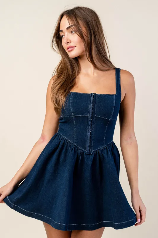 STRETCH DENIM FIT & FLARE DRESS sold by privy