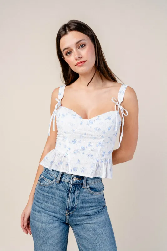 FLORAL SWISS DOT BOW TIES STRAPS RUFFLED CROP TOP sold by privy