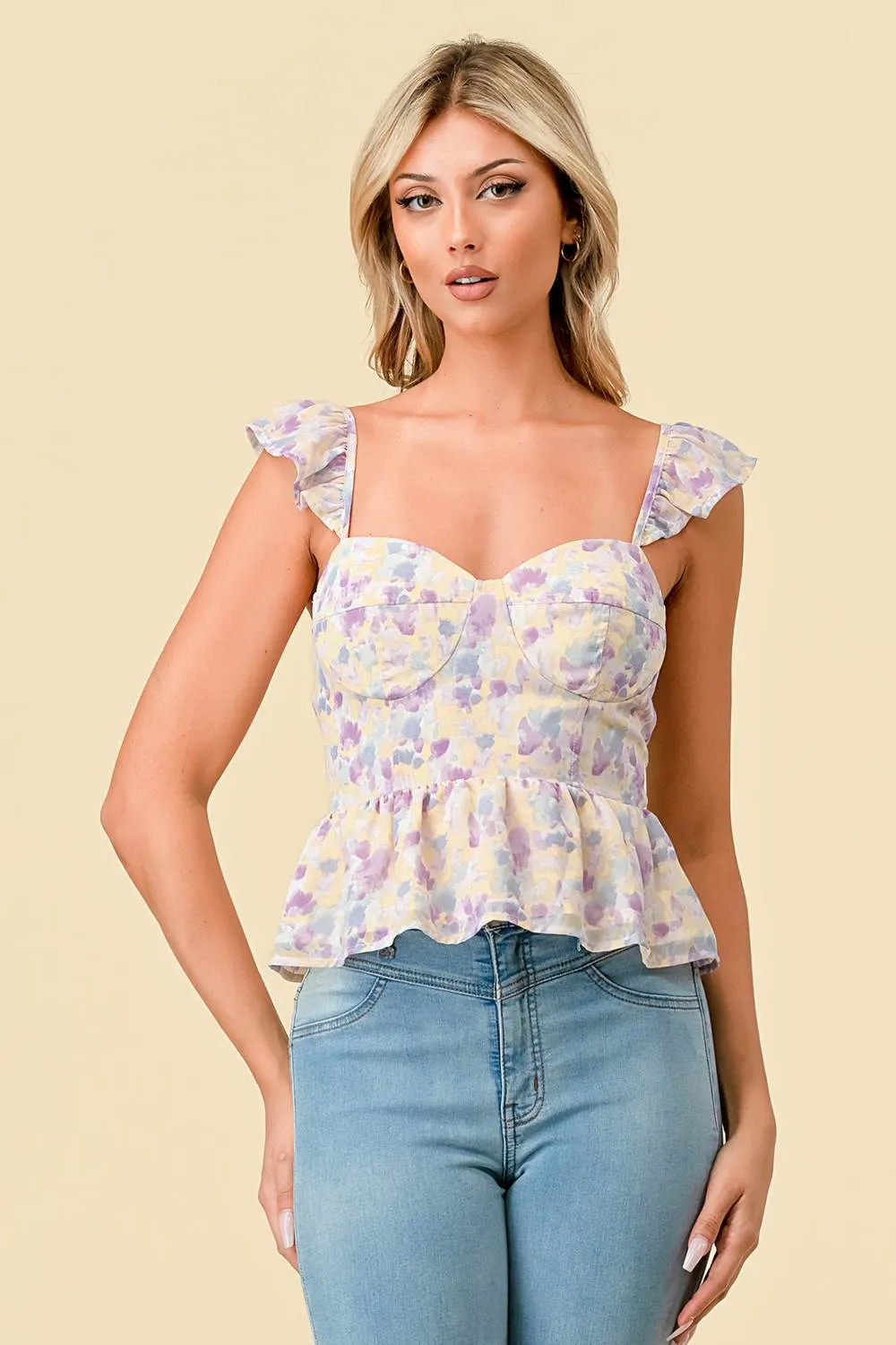 CHIFFON TIE DYE SWEETHEART RUFFLED FLUTTER TOP sold by privy