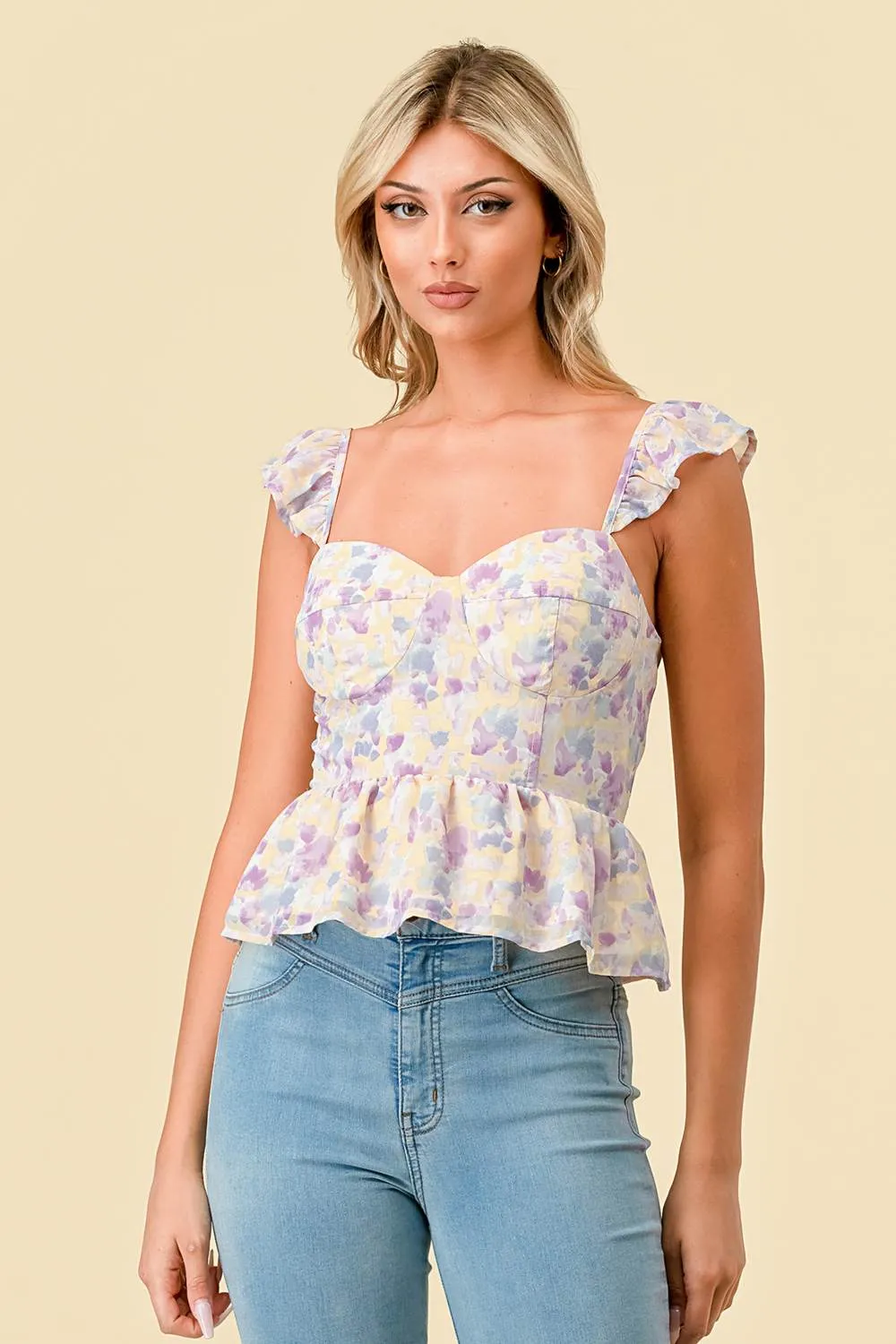 CHIFFON TIE DYE SWEETHEART RUFFLED FLUTTER TOP sold by privy product image thumbnail 2