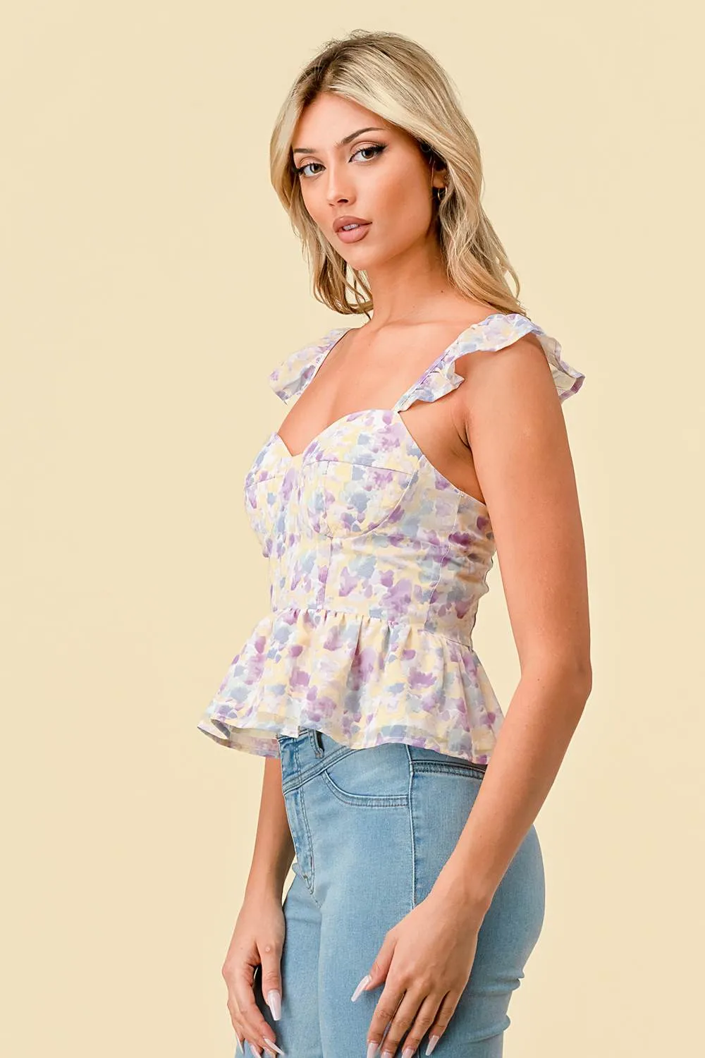 CHIFFON TIE DYE SWEETHEART RUFFLED FLUTTER TOP sold by privy product image thumbnail 3