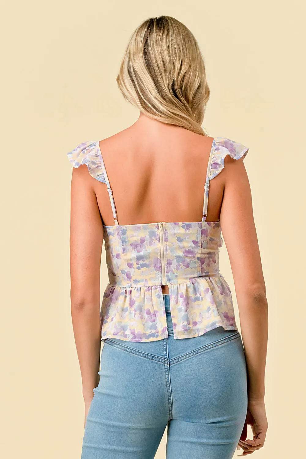 CHIFFON TIE DYE SWEETHEART RUFFLED FLUTTER TOP sold by privy product image thumbnail 4