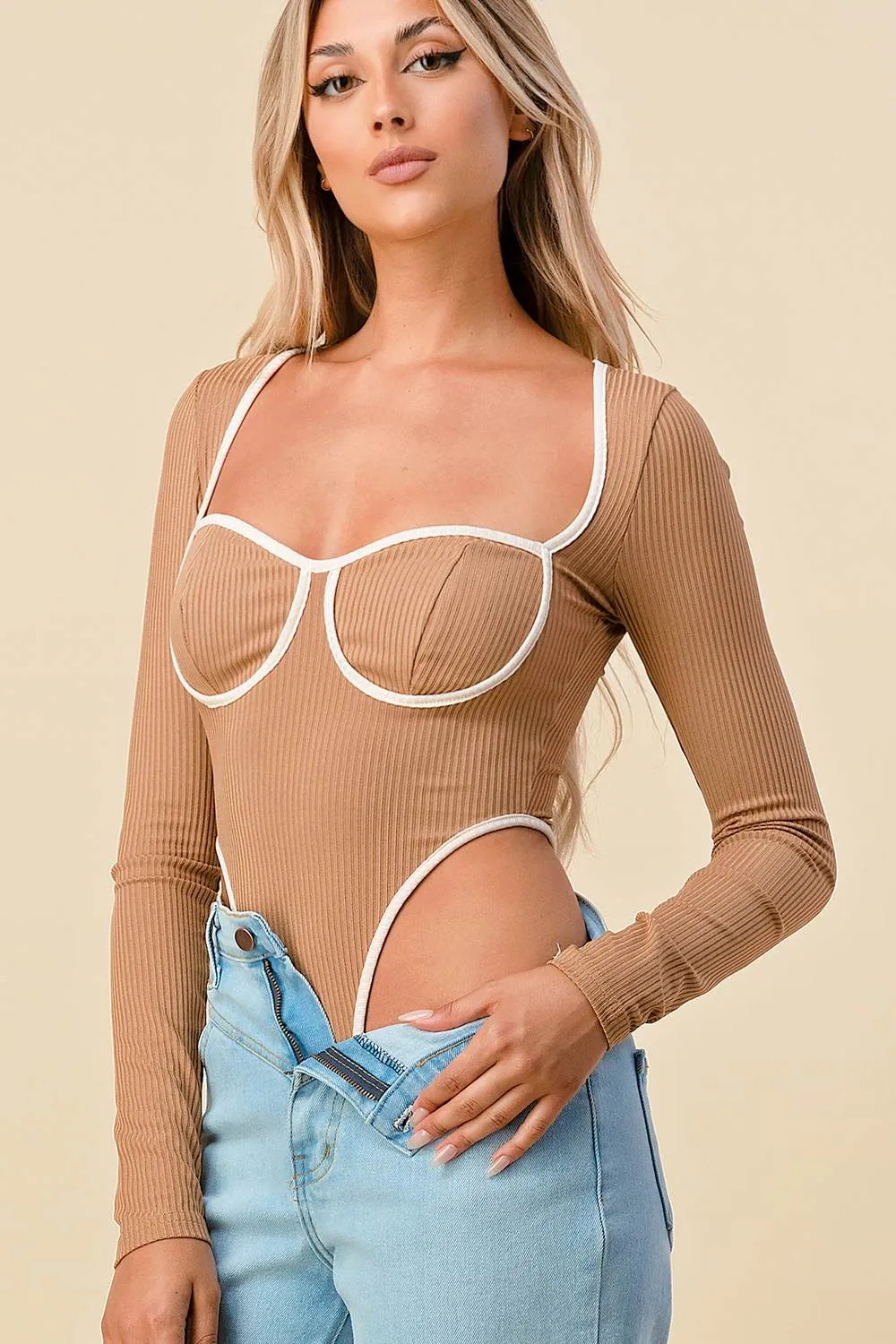 TWO TONE COLORBLOCK RIBBED LONG SLEEVE BODYSUIT sold by privy product image thumbnail 3