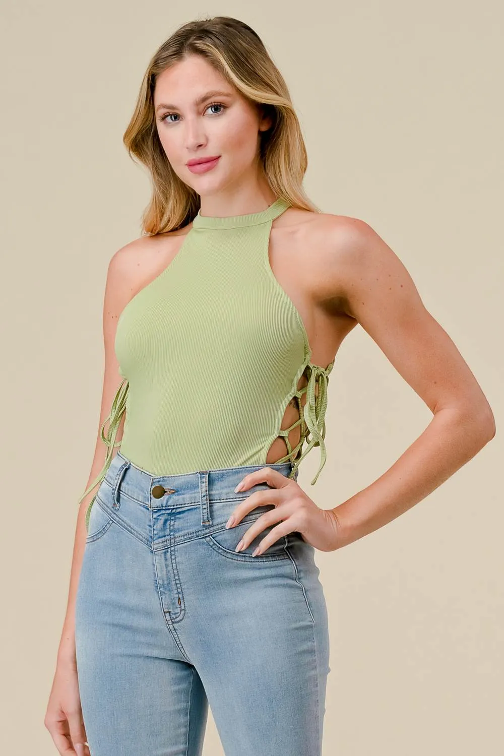 RIB KNIT RACER DRAWSTRING SIDE LACE UP BODYSUIT sold by privy product image thumbnail 4