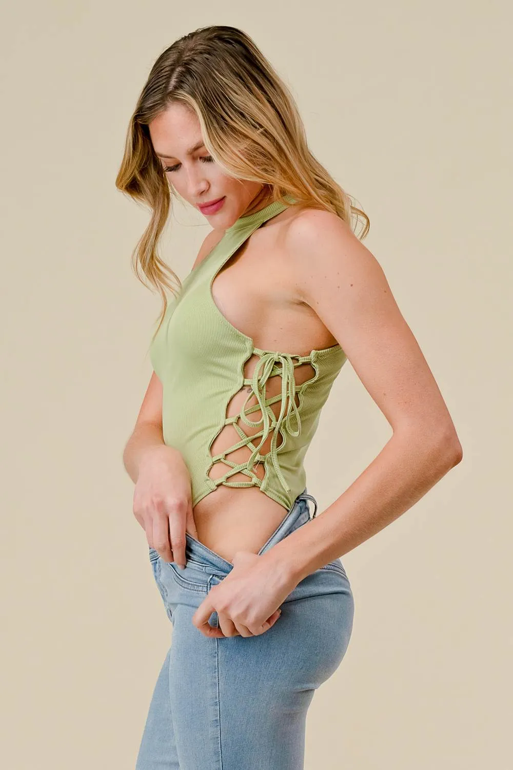 RIB KNIT RACER DRAWSTRING SIDE LACE UP BODYSUIT sold by privy