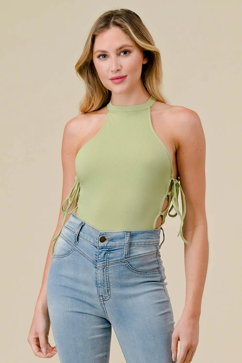 RIB KNIT RACER DRAWSTRING SIDE LACE UP BODYSUIT sold by privy product image thumbnail 2