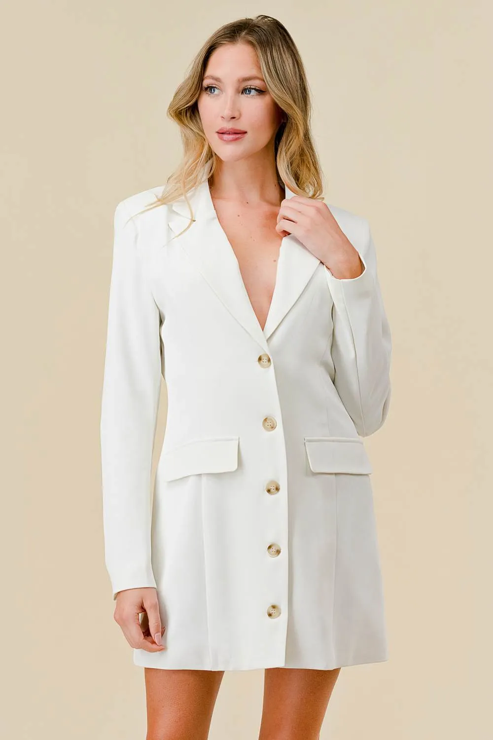 BD10764B / LUXE BUTTON DOWN COLLARED V-NECK BLAZER MINI DRESS sold by privy