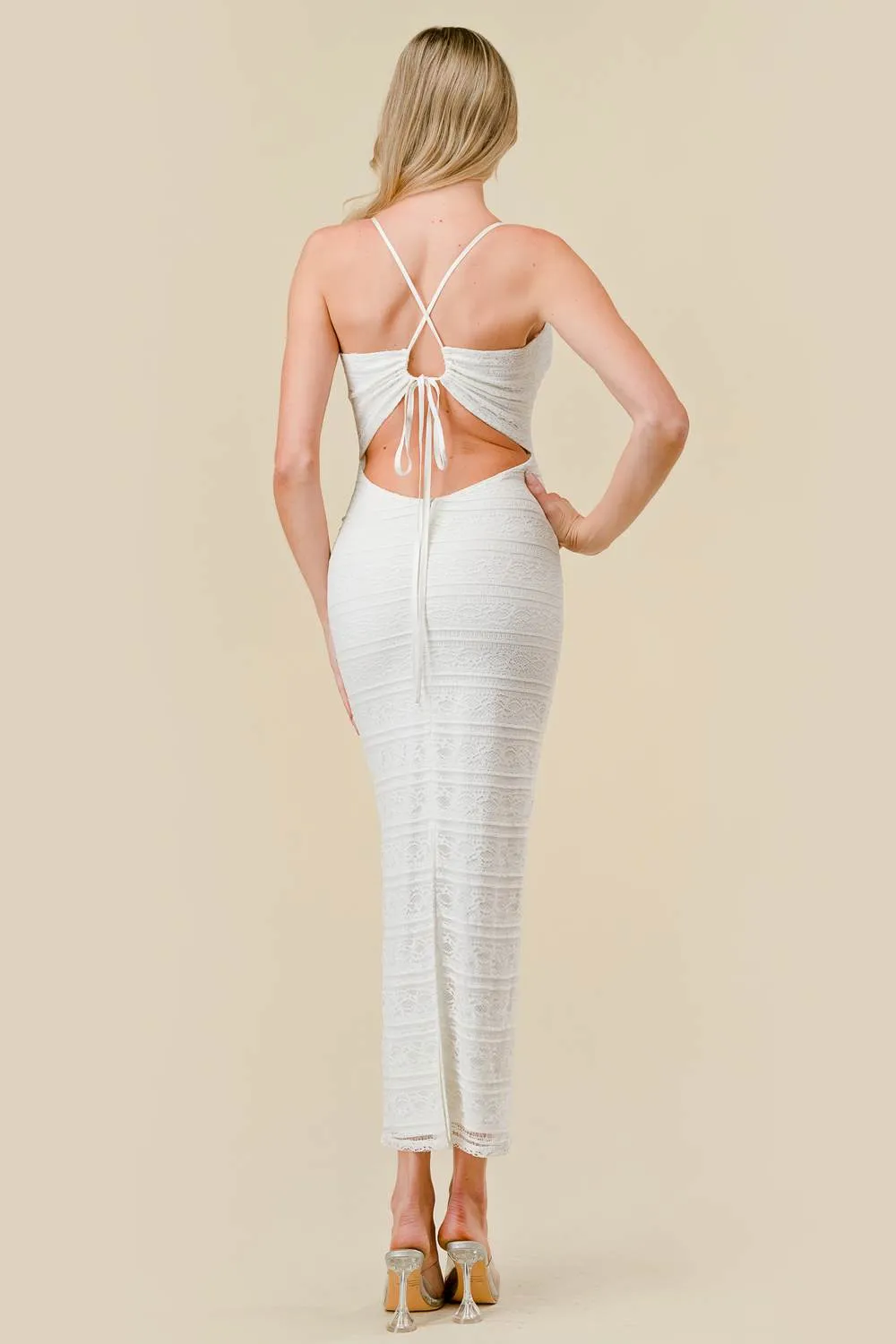 STRETCH TEXTURE DRAWSTRING LACE BACK MIDI DRESS sold by privy product image thumbnail 4