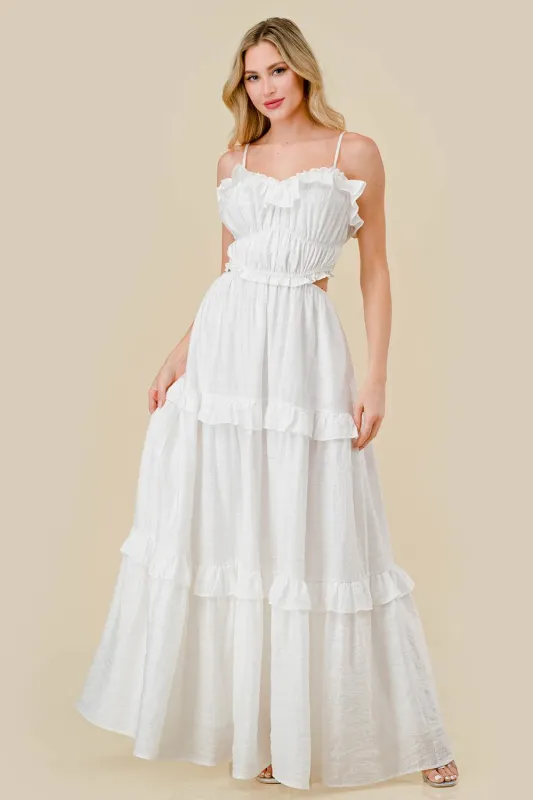 ROMANTIC TEXTURED WOVEN RUFFLED TIERED MAXI DRESS made by privy